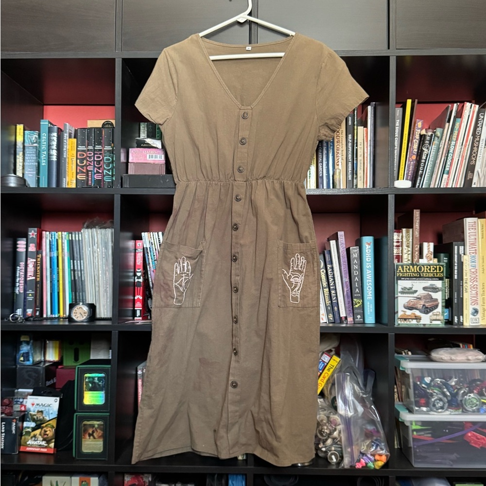 Green Button-Down Dress with custom embroidered Pocket Design
